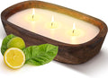 Threlaco 1 Pack 10 Inch Wood Dough Bowl Candles Home Rustic Dough Bowl Soy Candle 3 Wick Scented Candles Gifts for Men Women Farmhouse Table Centerpiece Home Decor for Christmas(Lemon Basil & Citrus)