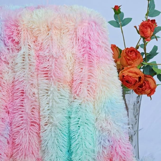 Plush Super Soft Blanket Colorful Bedding Sofa Cover Furry Fuzzy Fur Warm Throw Qulit Cozy Couch Blanket for Winter (63"x79", Rainbow)
