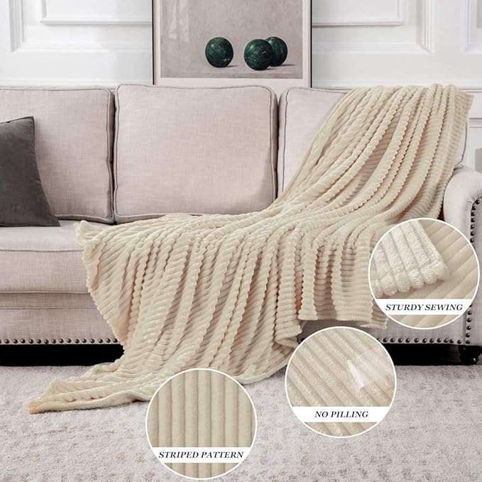 MIULEE Fleece Throw Blanket with Stripe Pattern Fuzzy Flannel Beige Blanket for Couch Plush Warm Cozy Bed Blanket Boho Decor for Bed Sofa Chair Twin Size 60"x80"
