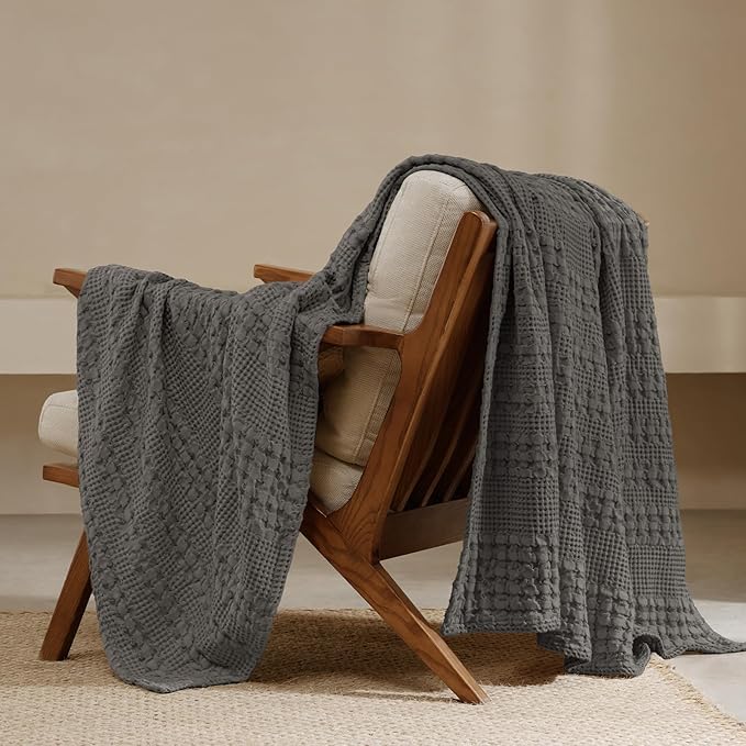 PHF 100% Cotton Waffle Weave Throw Blanket, Soft Lightweight Breathable Cozy Throws for Couch Bed Sofa, Luxury Aesthetic Blanket Gift for Home Decor & Office, 50"x60", Charcoal Grey
