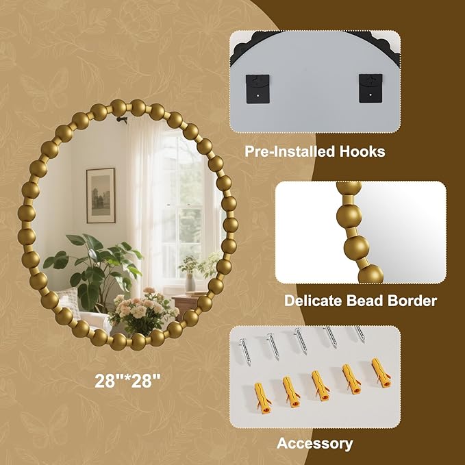Round Mirror for Wall, 28 Inch Gold Beaded Frame Decorative Vanity Mirror, Circle Bathroom Mirror with High-Definition Lense, Modern Wall Decor for Bathroom, Living Room, Bedroom, Entryway