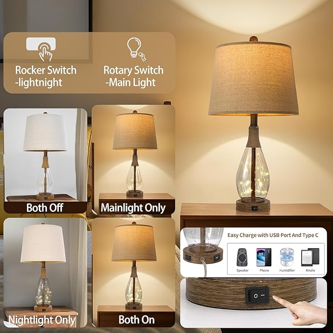 OYEARS 23" USB A+C Table Lamps Set of 2 for Bedroom Living Room Modern Bedside Lamps Retro Farmhouse Rattan Glass Nightstand Nightlight Lamps,Two Light Points