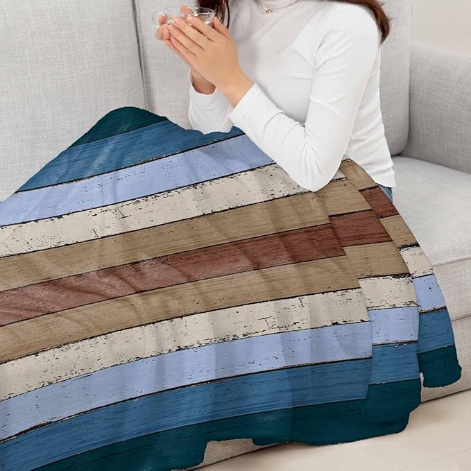 Farmhouse Blue Brown Throw Blanket, Soft Fluffy Fuzzy Blankets & Throws for Bed/Couch, Vintage Country Wooden Lightweight Warm Blankets for Women Christmas Decor 50"x80"