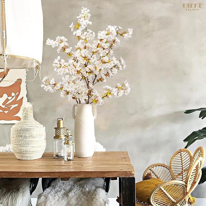 Uieke 24Pcs Silk Cherry Blossom Branches, 39.3in Artificial Cherry Blossom Tree Stems, Fake Plum Blossom Flowers Arrangement for Wedding Home Japanese Decor, White