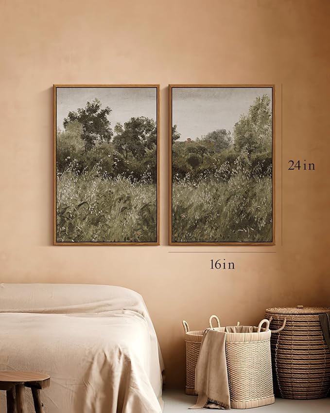 InSimSea 2 Pcs Framed Wall Art Vintage Farmhouse Decor, Retro Grassland Paintings Above Bed Wall Decor, Canvas Prints, Living Room,Bedroom,Office Retro Country Decorations, 16x24inch, Set of 2
