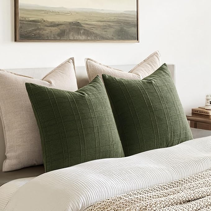 MIULEE Decorative Linen Check Throw Pillow Covers Neutral Farmhouse Vintage Spring Pillow Covers 20x20 Set of 2 Boho Modern Home Decor for Sofa Couch Bedroom Cushion Dark Olive Green