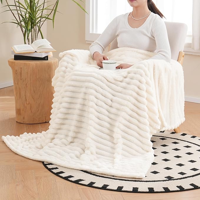 Vessia Flannel Fleece Cream Twin Blanket(60x80inch), 300GSM Striped Blanket for Adults and Kids, Super Soft Warm Cozy Lightweight Home Decor for All-Season