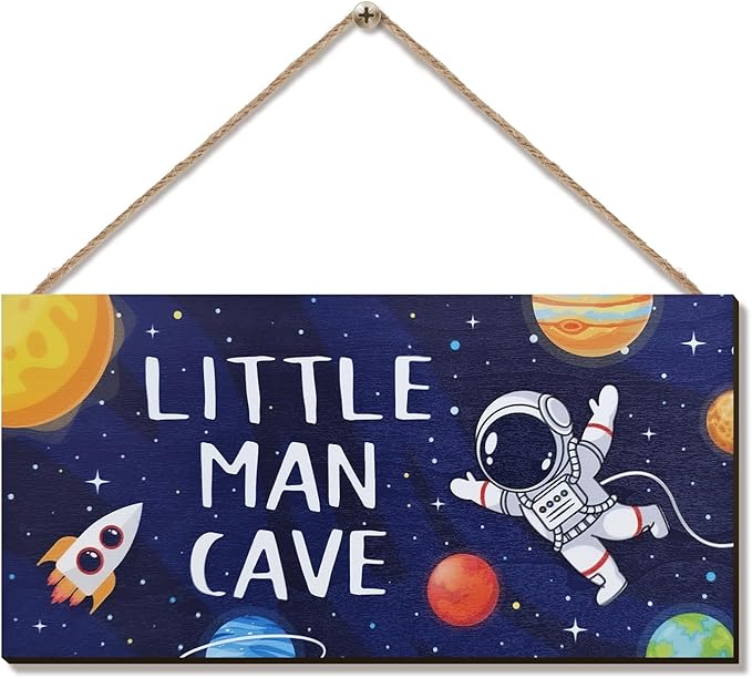 ZIEYOMI- Little Man Cave Sign Space Boys Room Decor, Astronaut Theme Bedroom Nursery Decor Hanging Wall Art, Wooden Plaque Outer Space Decorations for Toddler Boys Room Kids Playroom