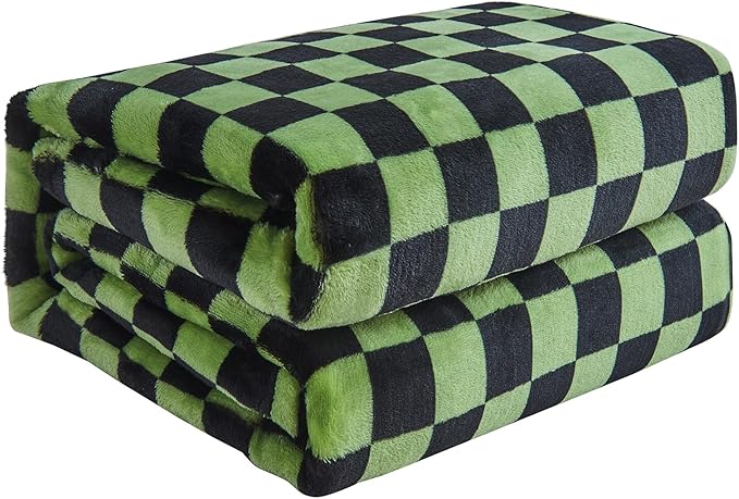 FY FIBER HOUSE Checkered Flannel Fleece Throw Blanket Soft Cozy Checkerboard Grid Print Chessboard Gingham Pattern Blankets for Bed Couch Sofa, 60"x80", Black Green