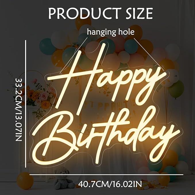 Happy Birthday Neon Sign for Wall Decor, Dimmable LED Happy Birthday Light Up Sign, Happy Birthday Sign for All Birthday Party Decoration Backdrop and Any Ages Bday Celebration, Warm White