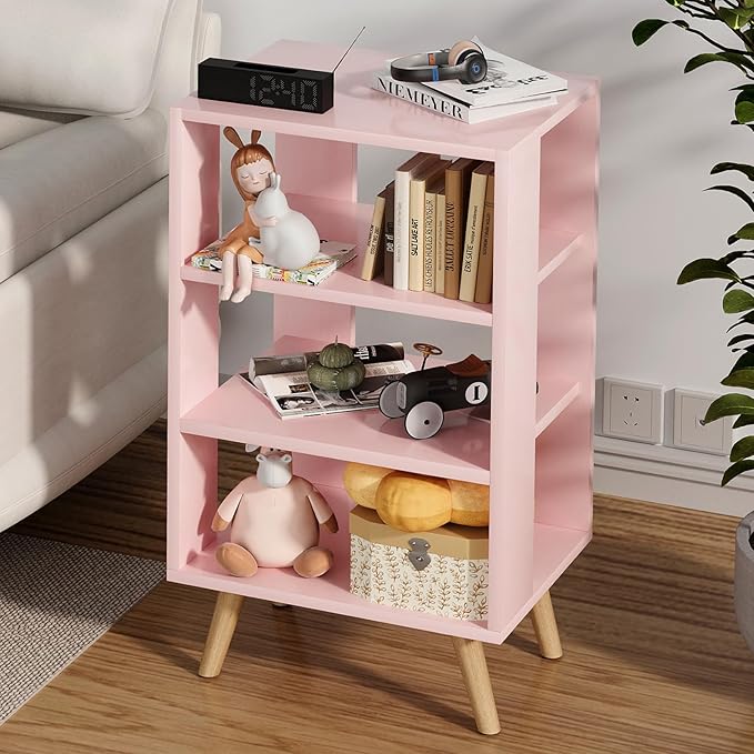 Night Stand, Pink Nightstand, Modern End Table with Open Storage, 3-Tier Wooden Bedside Table for Small Space, Living Room, Bedroom