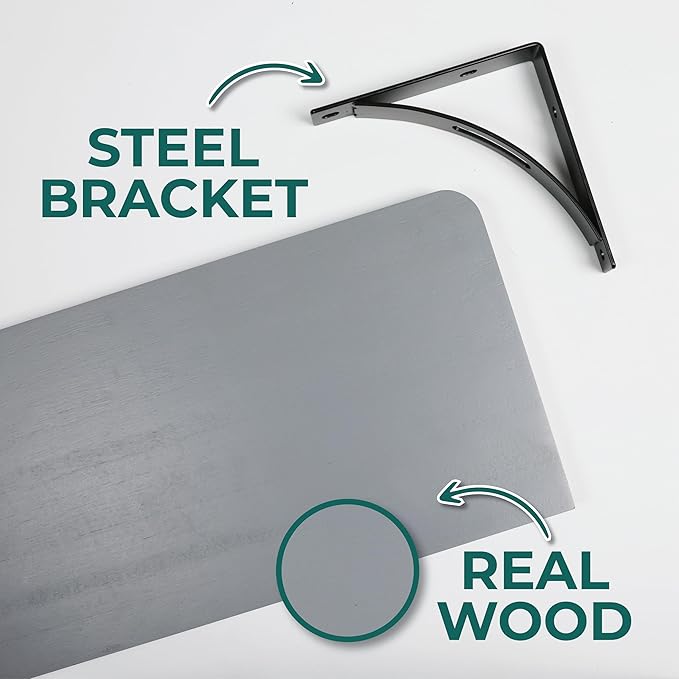 Reinforced Steel Bracket Grey Bathroom Shelves - Easy to Install, Template and Video Included - Gray Shelves for Wall, Grey Shelf