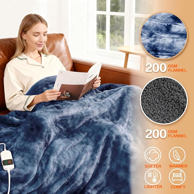 Electric Heated Blanket Throw 50''x60''Size Faux Fur Heating Blanket 10 Heating Settings, 1-8h Timer & Overheat Protection, Machine Washable, Soft Flannel and Sherpa Full Body Warmth