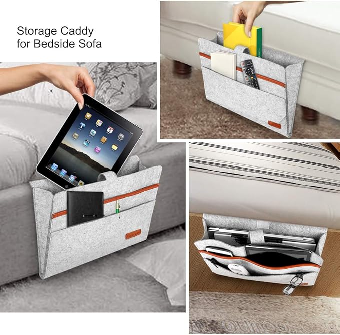 Bed Organiser, Felt Bed Bag, Non-Slip Bedside Bag, Sofa Bed Hanging Storage for Book, Magazines, iPad, Mobile Phone, Remote Control, Light Grey