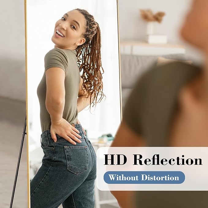 Mirror Full Length, Upgraded Body Wall Mirrors with Shatter-Proof Glass, Floor Standing, Hanging or Leaning, Tall Mirror with Stand Aluminum Alloy Frame for Bedroom