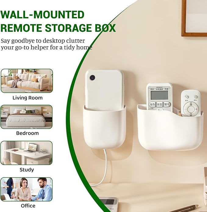 Wall Mount Remote Control Holder, Adhesive Phone Charging Holder, Universal TV Remote Organizer, Controller Storage Organizer Box with Adjustable Divider for Phone,Room, Bedside, Office (S*2+L*2)