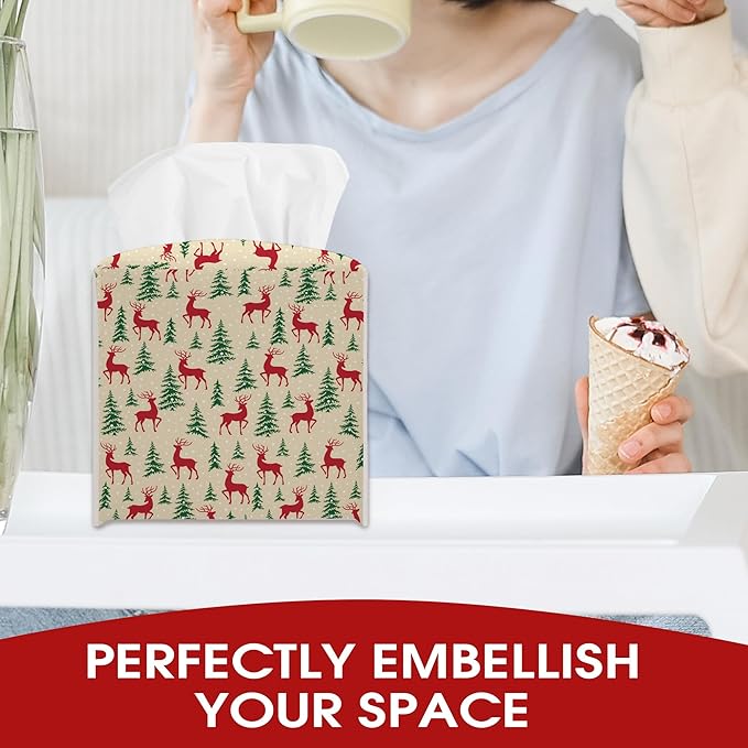 Christmas Trees Reindeer Leather Tissue Box Cover Holder, Tissue Box Cover Square, Ideas for Family Friends, Bathroom Kitchen Car Office Home Table Decor(5.2 Inches)-B13