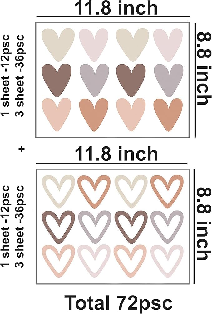 72psc Boho Heart Wall Stickers Girls Bedroom Removable Wall Decals Nursery Kids Decor, Cute Decorations, Pastel Hearts Wall Art Stickers for Kids Room Bedroom Playroom Nursery Room