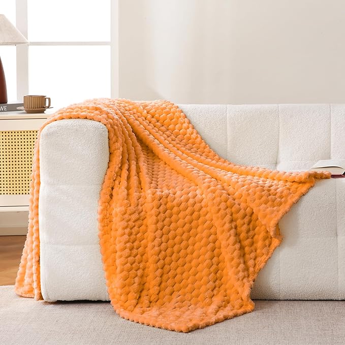 Bnuitland Soft Flannel Throw Blanket(50X70 inches), 3D Jacquard Fluffy Lightweight Fleece Throw Blanket for Couch,Sofa,Bed, 300 GSM Super Cozy Warm for All Season Home Decor,Light Orange