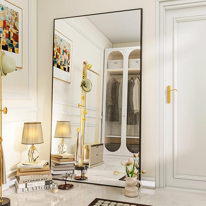 VooBang Large Full Length Mirror 78" x 35" - Shatterproof Floor Full Body Mirror with Aluminum Alloy Frame, Freestanding, Hanging, or Wall-Leaning, for Bedroom, Living Room, Dressing Room, Black