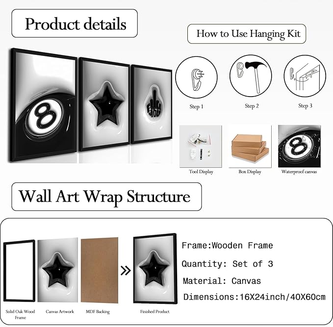 Modern Trendy Wall Art Set of 3, Black and White Lucky 8 Star Wall Decor Paintings Cool Preppy Finger Poster Canvas Prints for Dorm Bedroom Living Room 16x24 inch Framed