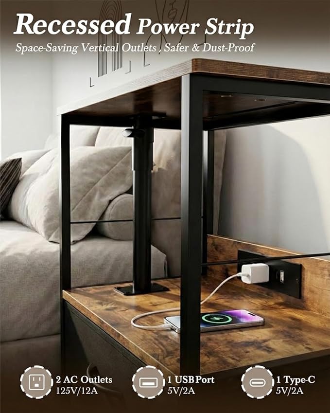 360° Swivel Nightstand with Height Adjustable, Lift Top Bedside Table with Charging Station, Rolling Night Stand with 2 Fabric Drawers, End Table with Wheels, for Bedroom, Living Room, Brown Black