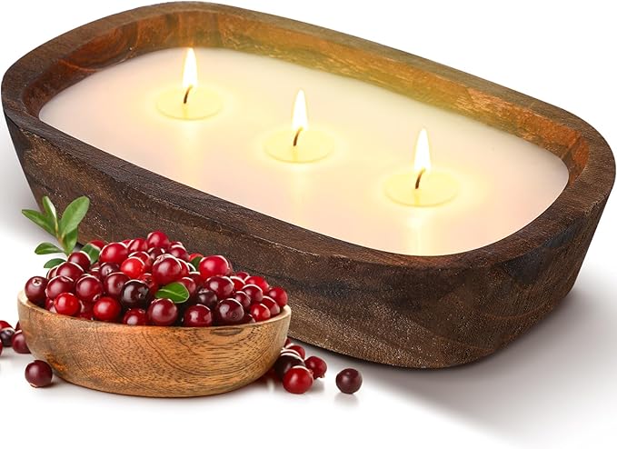 Threlaco 1 Pack 10 Inch Wood Dough Bowl Candles Home Rustic Dough Bowl Soy Candle 3 Wick Scented Candles Gifts for Men Women Farmhouse Table Centerpiece Home Decor for Christmas(Cranberry)