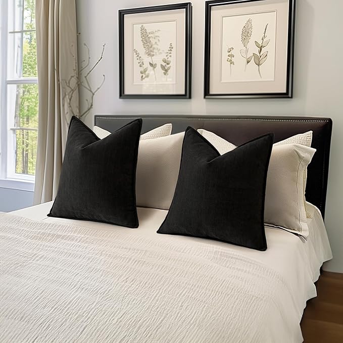 MIULEE Pack of 2 Black Decorative Pillow Covers 24x24 Inch Soft Chenille Luxurious Couch Throw Pillows Farmhouse Cushion Covers Euro Shams with Elegant Design for Sofa Bedroom Living Room Home Decor