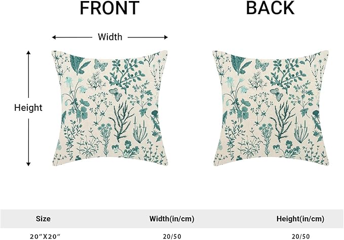 AEIOAE Summer Pillow Covers 20x20 Inch Set of 2,Teal Green Wild Flower Plant Throw Pillows Case,Seasonal Floral Outdoor Decorative Square Linen Farmhouse Decor Cushion Covers for Home Sofa Bed Couch