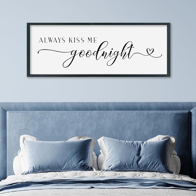 SRSZHIYUE Romantic Always Kiss Me Goodnight Sign Wall Decor 40"×15" for Love Theme Master Bedroom Above Bed Simple Modern Farmhouse Large Wood Framed Wall Horizontal Art Hanging (Black)