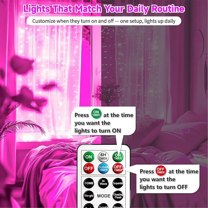 HXWEIYE 300LED Untangled Curtain Lights, 9.8x9.8Ft USB Fairy Twinkle String Lights with Remote and DIY Timer, 8 Modes Window Wall Hanging Light for Bedroom Dorm Backdrop Room Decor, Pink