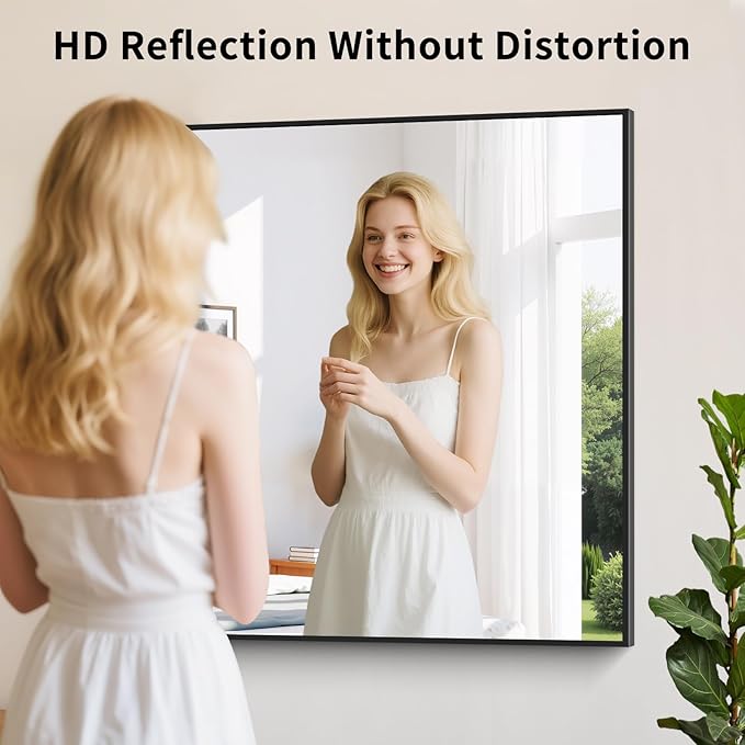 Koonmi Black Framed Bathroom Mirror - Shatterproof 30"x30" Tempered Glass, HD No Distortion, Horizontal/Vertical Mount, Modern Matte Aluminum Alloy Frame