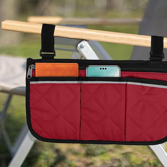 Camping Armrest Storage Bag, Chair Armrest Organizer, Car Seat Hanging Bag, Extended Back Buckle Canvas Beach Chair StorageBag, Side HangingBag For Bedside/Outdoor/Beach/Camping(red)