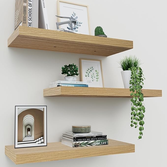 Floating Shelves for Wall Set of 3, 16" Light Brown Wood Wall Shelves for Home Decor, Frame Display Floating Shelf for Living Room, Bedroom, Bathroom, Kitchen