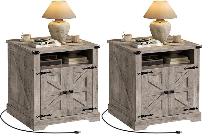 HOOBRO Farmhouse End Tables Set of 2 with Charging Station, 23.6" Large End Tables for Living Room, Sofa Side Table with Barn Door, Wooden Square Nightstand Bedside Table, Greige GY601UBZP201