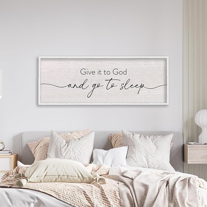 LuZhiQiang Catholic Wall Decor 40"×15" Give It To God And Go To Sleep Sign for Master Bedroom Above Over Bed Religious Faith Home Art Rustic Large Wood Framed Hanging (White)