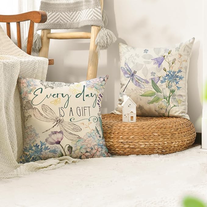 AVOIN colorlife Every Day is A Gift Hydrangea Throw Pillow Covers, 16 x 16 Inch Spring Summer Floral Butterfly Dragonfly Decoration Cushion Case for Home Sofa Couch Set of 4