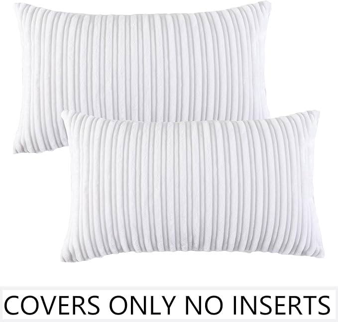 UGASA Pack of 2, Velvet Pillow Covers Striped, Soft Textured Throw Cushion Case Set, Accent Corduroy Lumbar Pillowcases with Hidden Zipper for Home Decor Indoor Outdoor (12"x20", Pure White)