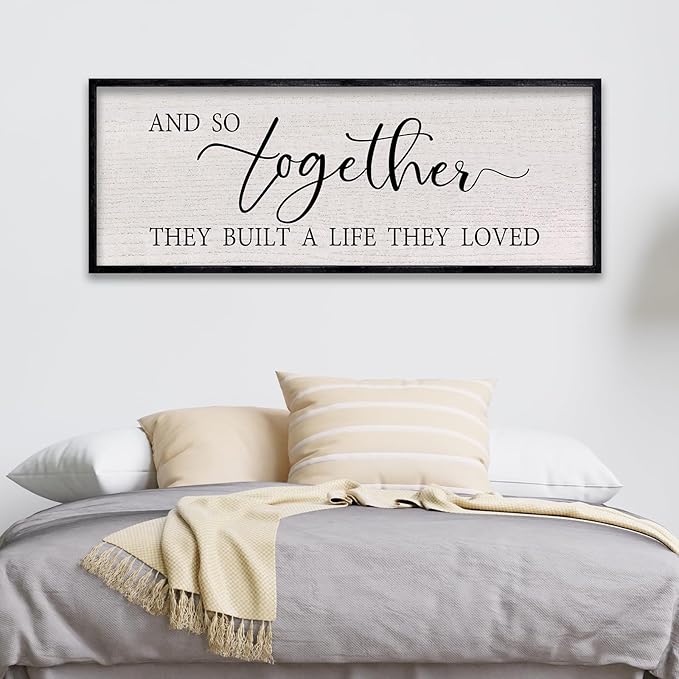LuZhiQiang And So Together They Built A Life They Loved Farmhouse Wall Decor 40"x15" Rustic Master Bedroom Romantic Sign Large Wood Framed for Above Over Bed Couples Hanging Wall Art (Black)