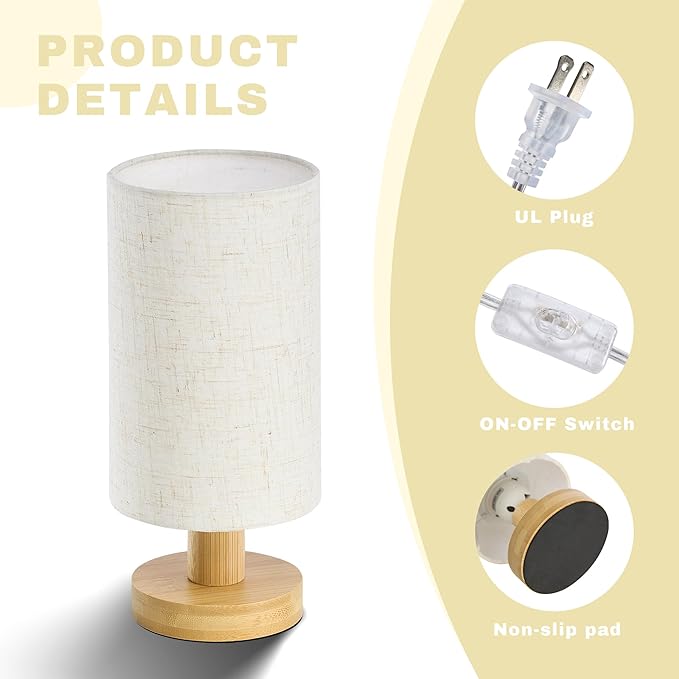 Bedside Lamps Set of 2, Small Bamboo Table Lamps for Bedroom, Minimalist Nightstand Lamps with Linen Shade, Modern Desk Lamp for Living Room, Study, Dorm (LED Bulbs Included)