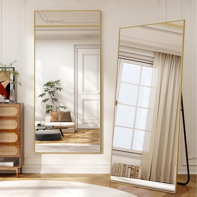 76" x 34" Large Full Length Mirror with Stand, Standing/Leaning/Wall Mounted Full Body Floor Mirror for Bedroom, Living Room, Entryway, Cloakroom with Aluminum Alloy Frame Gold