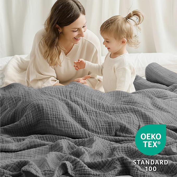 100% Cotton Muslin Blanket Twin 66" x 90", Breathable and Lightweight Cotton Twin Blankets for Couch, Soft Cooling Summer Gauze Blanket for Adults All Season, Charcoal Grey