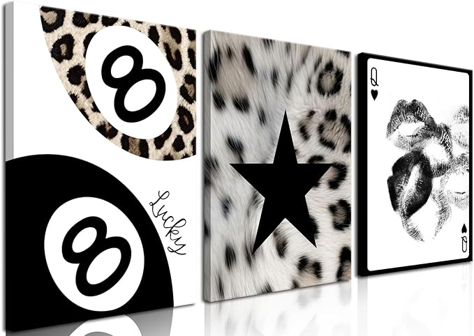 Trendy Leopard Wall Art Set of 3, Black and White Cheetah Wall Decor Paintings, Lips Star Lucky 8 Ball Poster Canvas Prints for Bedroom Living Room 12x16 inch Framed