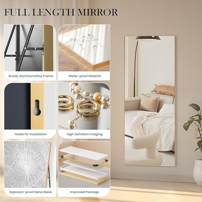 NEWBULIG Full Length Mirror 64.2"x21" for Bedroom, Full Body Mirror with Stand, Hanging or Leaning for Wall, Aluminum Alloy Thin Frame Floor Standing for Living Room, Long, Gold
