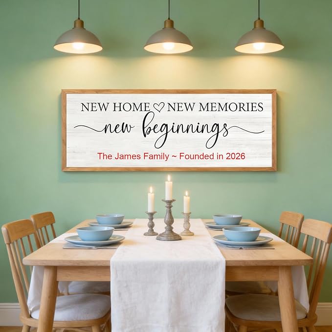New Home, New Memories, New Beginnings Wall Decor Sign – 32x12 Inch Framed Wooden Sign with Writable Family Name & Year Space, Rustic Farmhouse Housewarming Gift for New Home, Entryway, Living Room, Natural
