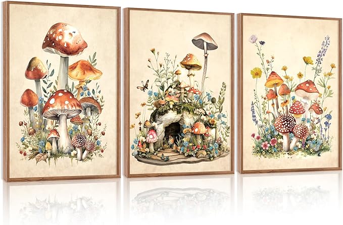 CHDITB Vintage Mushroom Framed Canvas Wall Art Set Of 3, Magic Mushrooms Wall Decor, Nature Botanical Floral Painting, Colorful Fungi Aesthetic Art Prints for Dining Room Bedroom Decor 12x16 inch