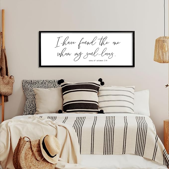I Have Found The One Whom My Soul Loves Sign Wall Art Decor 40"x15" Modren Master Bedroom Above Bed Wood Framed Song of Solomon 3:4 Large Living Room Bible Verse Wall Hanging (Black)