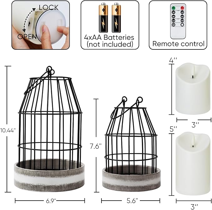 Homemory Rustic Farmhouse Lantern Decor with Flameless Candle & Remote Timer, 2PCS Stylish Metal Candle Holder Home Decorations for Fireplace Mantle Kitchen Dining Table Living Room