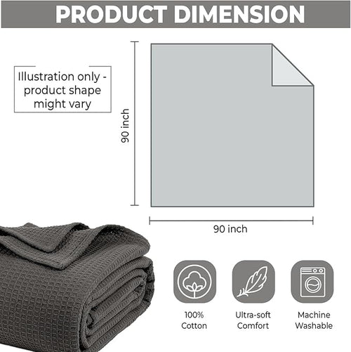 100% Cotton Blankets for Bed - Waffle Weave Blankets for Summer, Lightweight and Breathable Soft Woven Blanket for Spring (Dark Grey, Queen (90" x 90"))