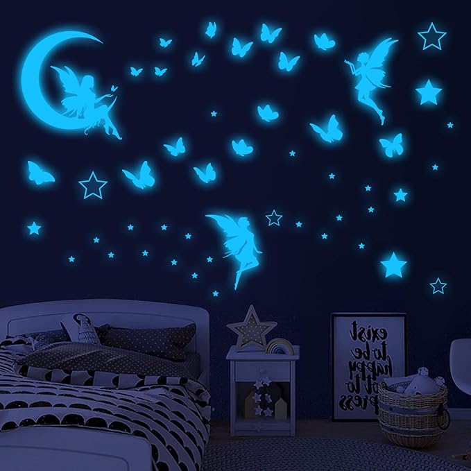 Fantasy Fairy Wall Decal Sticker Glow in The Dark, Girl Bedroom Moon Butterfly Luminous Decoration, Peel and Stick Star Decor for Ceiling